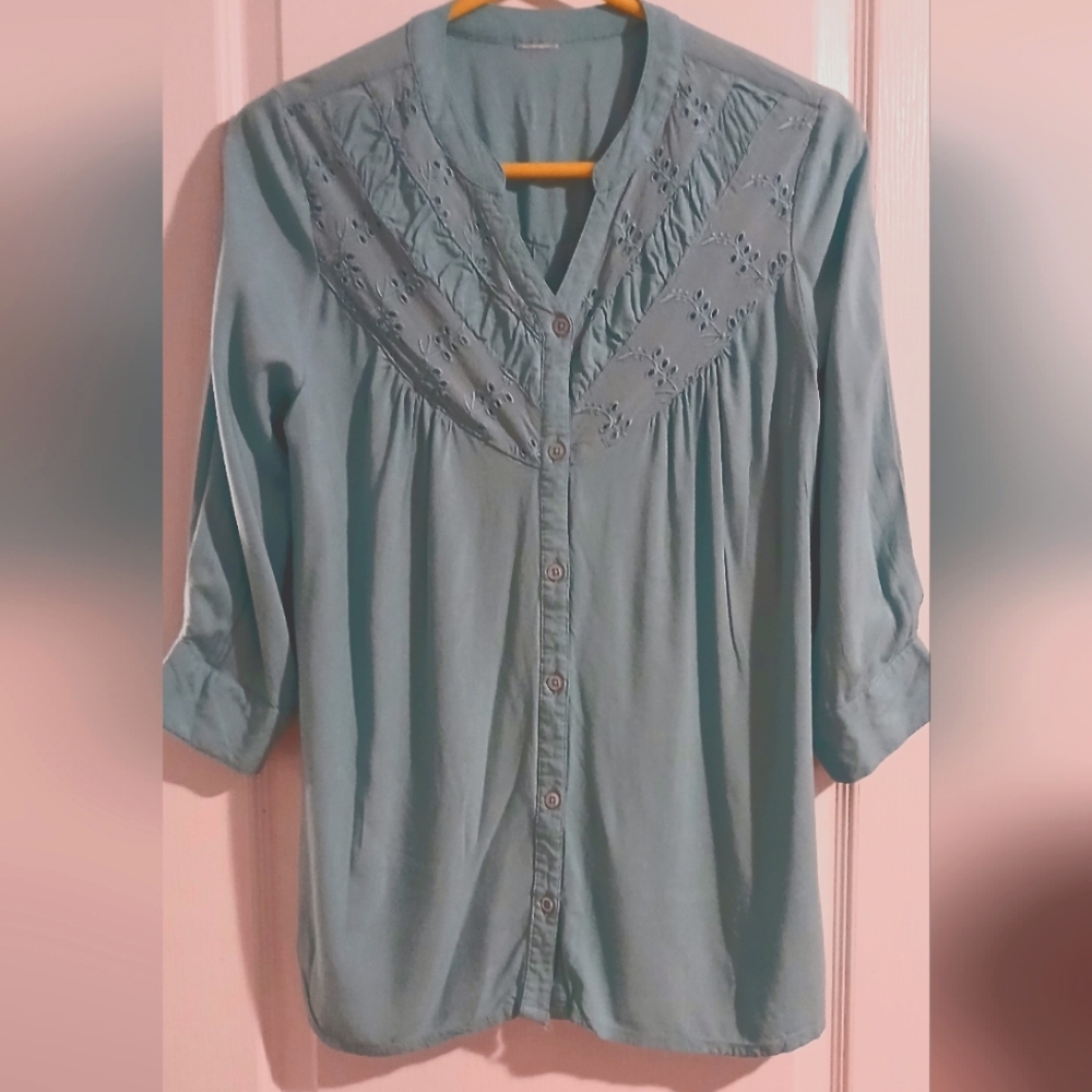 Blue Green Ruffled Bib Collar Blouse